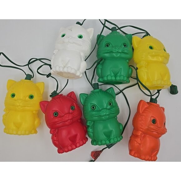 VTG RARE 7 Blow Mold Plastic Cat Kitty Patio RV Camping Party Lites Light String - Picture 1 of 14